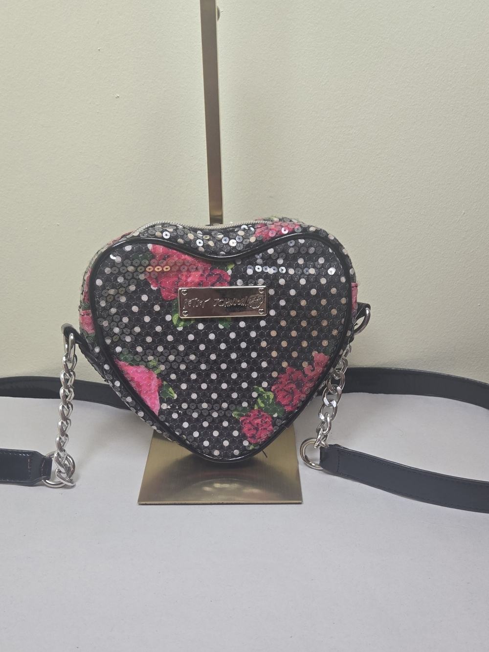 Betsey Johnson Black Sequin Heart Crossbody with Pink Rose Accents